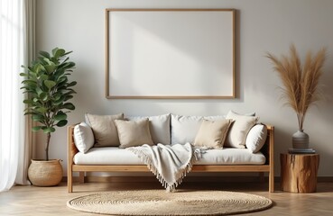 Modern boho room with minimalist couch and neutral decor. Large empty frame for wall art mockup, beige rug, wooden elements. Stylish interior design, scandinavian apartment with plant.