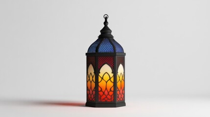 Fototapeta premium Colorful decorative lantern with intricate patterns, casting warm light in a minimalistic setting