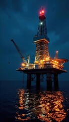 Obraz premium Nighttime illumination on an oil drilling platform, scaffolding, rails