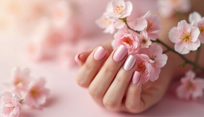 Woman hand with pink manicure holds peach blossom flowers on pink background. Beauty photo demonstrates nail design, hand skin care, beauty salon treatment.