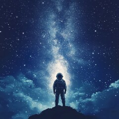 Obraz premium Astronaut stands looking at a bright star filled night sky