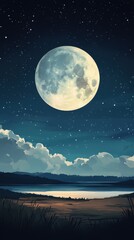 A glowing full moon shines over a serene landscape