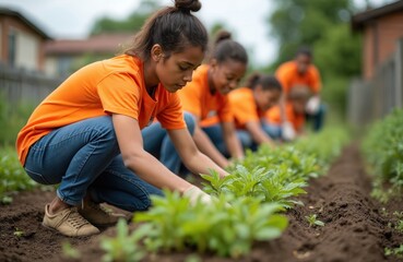Young volunteers tend plants in community garden. Diverse group engaged in urban gardening, planting vegetables, promoting sustainability, eco-friendly lifestyle. Teamwork, cooperation in