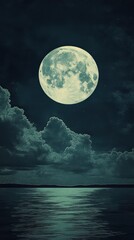 Naklejka premium Full moon shines over the calm lake reflecting light