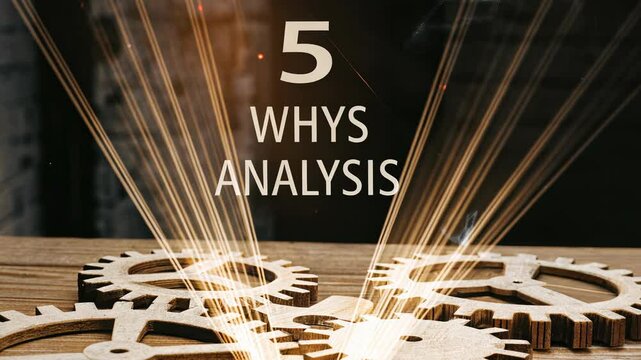 5 WHY analysis concept, 5 WHY Analysis with gears and light effects