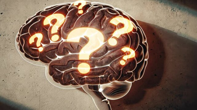 5 WHY analysis concept, Brain with question marks representing curiosity.
