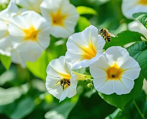 Obraz premium Bees pollinating white flowers in garden