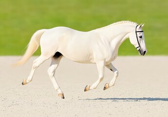 Obraz premium Majestic White Horse Galloping Gracefully on Sandy Ground