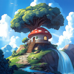 Fantasy illustration of a mushroom house on a hilltop with a large tree, surrounded by a waterfall, lush greenery, and a bright blue sky