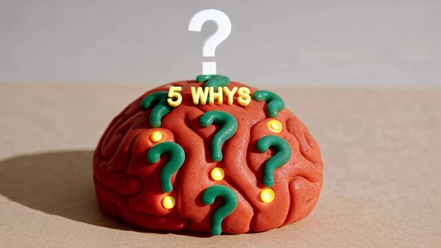 5 WHY analysis concept, Creative brain model with question marks and text.