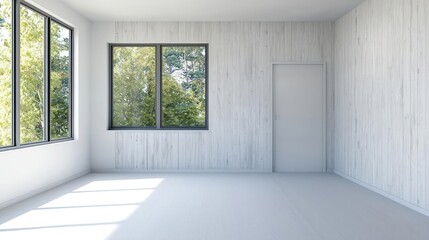 Obraz premium Empty White Room With Wooden Wall And Windows