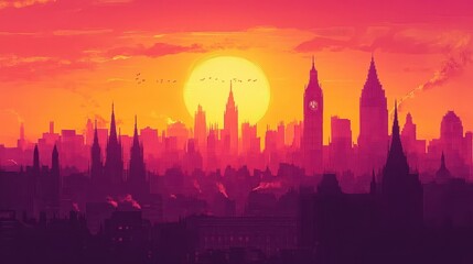 Fototapeta premium Beautiful London cityscape at sunset features birds and tall buildings
