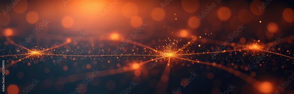 Poster vibrant orange data particles, connecting lines create energetic look on dark backdrop. sleek three-