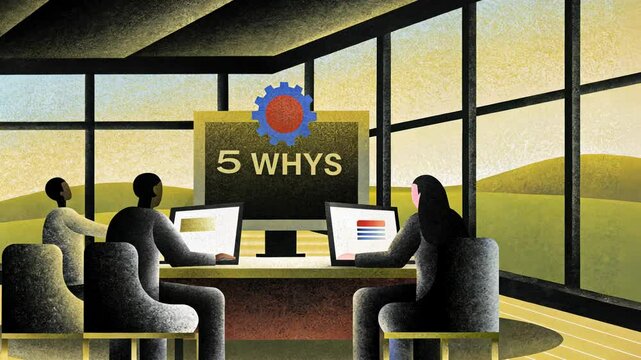 5 WHY analysis concept, Meeting room with 5 WHY presentation displayed.