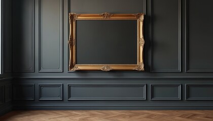 Illustration of empty rectangular dark painting in golden vintage frame hanging on black paneled wall above wood parquet. Gallery interior mock-up space with blank canvas and classic ornate.