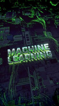 Vertical Machine Learning Text with Chip Texture Futuristic Typography in a Digital Tech Environment with Flowing Data Particles