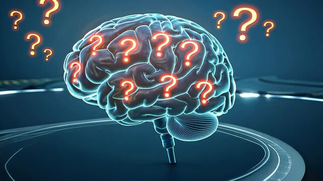 5 WHY analysis concept, Digital brain with question marks illustrating curiosity.