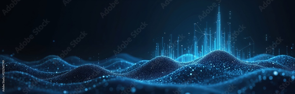Poster dark blue big data visualization background illustration. wavy technology data structure in cyberspa