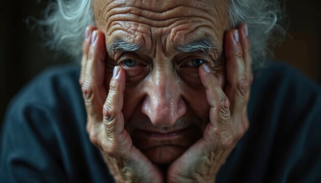 Close-up face of elderly man with wrinkled skin and thoughtful gaze. Senior male shows age, wisdom. Social themes aging, healthcare, elder abuse awareness. - Powered by Adobe