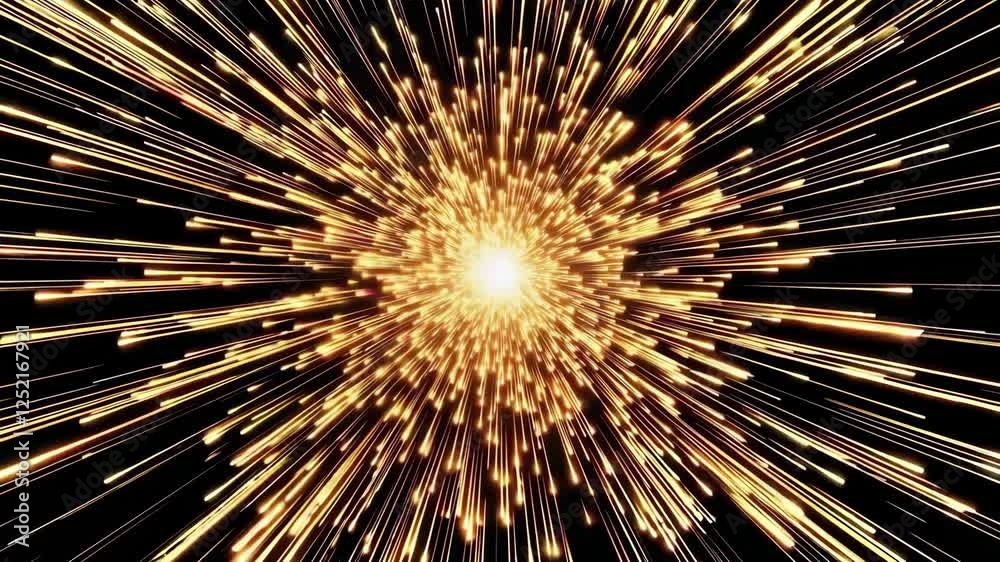 Poster explosive burst of golden light rays on black background, dynamic energy concept