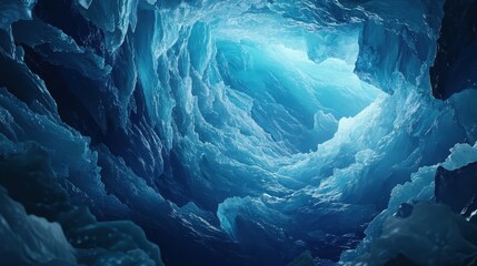 The interior of an icy cave glows a bright blue