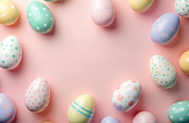 Top view easter eggs on pastel background. Multicolored patterned holiday eggs. Springtime festive design, tradition and celebration. Painted decorated eastertime bright card decor with copyspace.