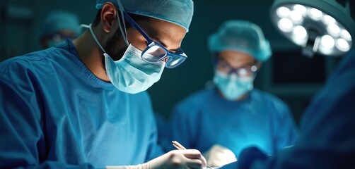 Surgeon in blue uniform performs microsurgery in operating room under lighting. Doctor uses tech for eye surgery, brain surgery or cosmetic procedure using medical instruments.