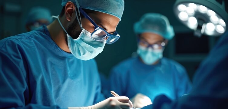 Surgeon in blue uniform performs microsurgery in operating room under lighting. Doctor uses tech for eye surgery, brain surgery or cosmetic procedure using medical instruments.