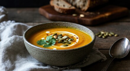 Delicious Bowl of Creamy Pumpkin Soup with Garnish, Rustic Bread, and a Cozy Ambient Setting for Fall or Winter Dining