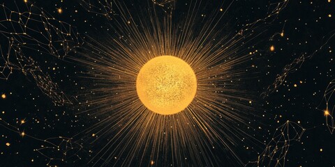 Golden sun surrounded by stars and constellation connections
