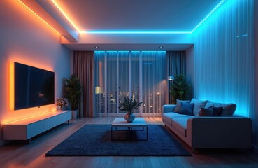 Fototapeta premium Modern living room illuminated by led strips. Blue light accents contemporary style furniture. Night city view from window. Comfortable sofa, armchair, table create cozy home decor.