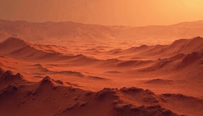 Naklejka premium Illustration of arid desert terrain with mountains. Orange and red clay ground surface with cracked soil. Eroded hills, canyons under sunset. Dry landscape, Martian or alien planet surface.