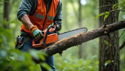 Arborist cuts tree branch with chainsaw in dense forest. Pro in safety gear works with power tool. Sawdust flies, sunlight shines through foliage in timberland.