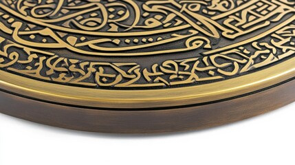 Fototapeta premium Intricate brass plate featuring detailed Arabic calligraphy against a smooth wooden background