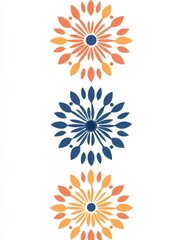 Vibrant floral pattern design featuring three distinct flower motifs in orange and blue hues