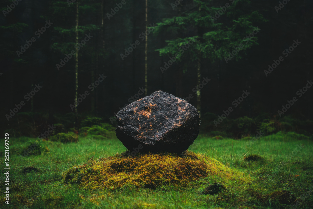 Wall mural A large rock sits on a grassy hill in a forest