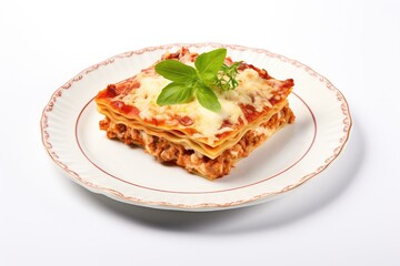 Prepared lasagna on white plate