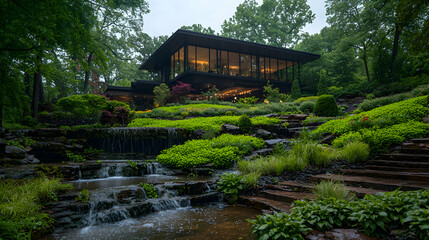 Fototapeta premium Modern house, landscaped garden, waterfall, misty morning