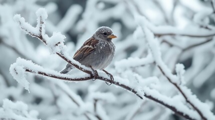 Sparrow Perched on Snowy Branch in Winter Scene, Frozen Beauty