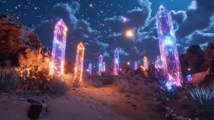 Fototapeta premium Crystal Desert Nightscape: Glowing Formations Under Starry Sky, otherworld