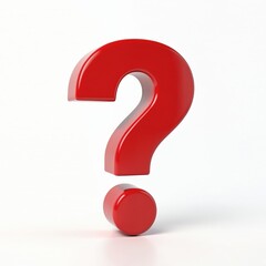 Red glossy question mark 3d render. Ask symbol, faq sign on white background. 3D rendering illustration symbolizes uncertainty, confusion, doubt or problem solving, research and education.