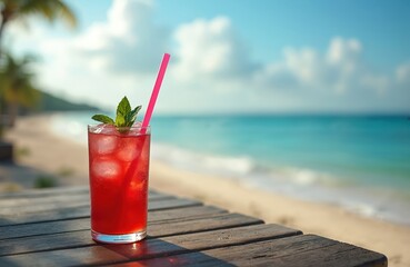 Obraz premium Red cocktail with ice on wooden table at beach resort. Refreshing summer beverage with straw, mint garnish at tropical vacation. Blue ocean at background.