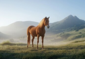 Chestnut horse sunrise mountain pasture landscape, serene nature scene