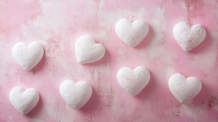 Obraz premium Delicate and radiant white hearts glowing softly on a pastel pink surface, with plenty of space for text or creative designs.