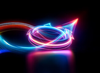 A vibrant neon light trail swirls dynamically against a stark black backdrop, creating a mesmerizing abstract design. Glowing ribbons of blue, red, and orange intertwine, casting reflections on the da