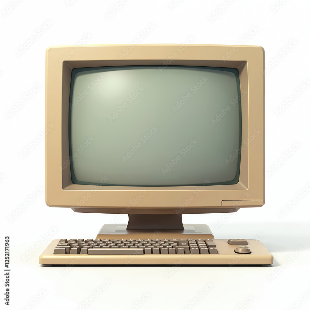 Fototapete Retro computer screen and keyboard. Vintage desktop PC monitor. Old beige tech device. Nostalgic technology from 90s era, crt monitor on white background.