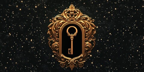A golden key is displayed in an ornate golden frame
