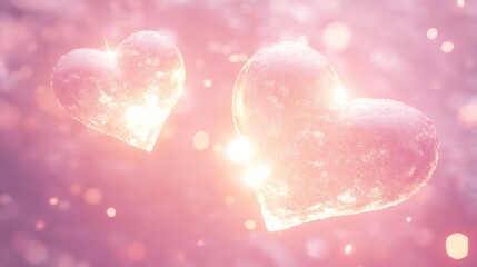 Obraz premium Two glowing white hearts gently floating on a soft pink pastel background, radiating warmth and love, with ample space for text or designs.