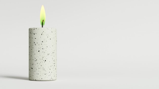 Lit speckled candle on white background; peaceful scene