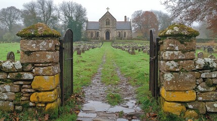 Churchyard path, autumn mist, stone gates, graves. Peaceful landscape, stock photo